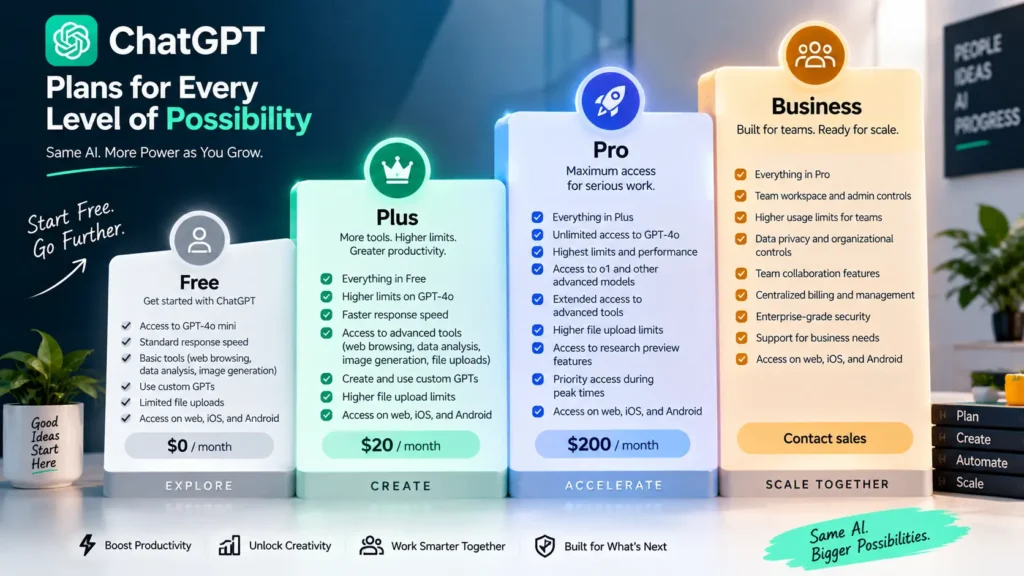 ChatGPT pricing tiers compared from Free through Business plans