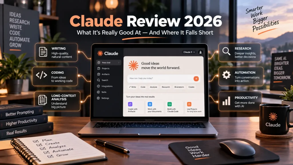Claude Review 2026 showing a Claude AI workspace with writing, coding, research, automation, and productivity features