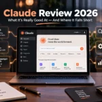 Claude Review 2026 showing a Claude AI workspace with writing, coding, research, automation, and productivity features