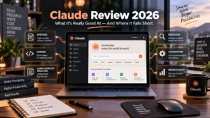 Claude Review 2026 showing a Claude AI workspace with writing, coding, research, automation, and productivity features