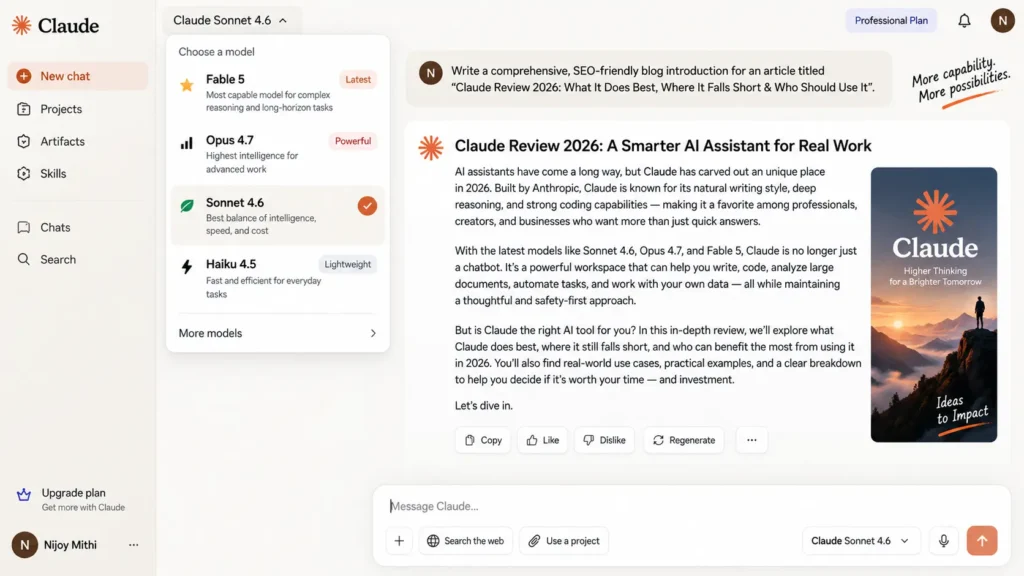 Claude AI homepage showing model selector with Sonnet 4.6, Opus 4.7, and Fable 5 options, plus sample conversation demonstrating long-form writing