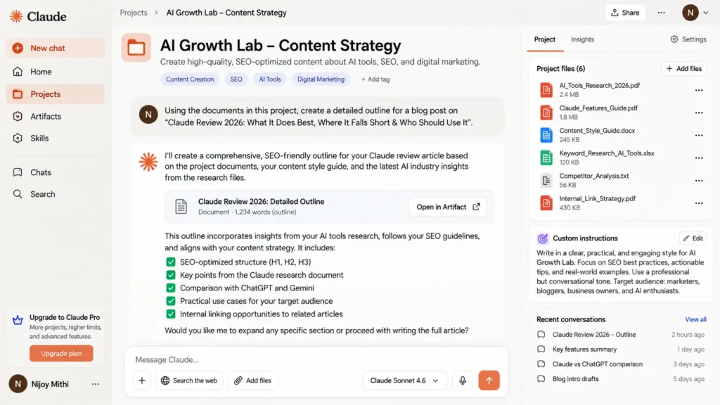 Claude Projects interface showing uploaded documents, custom instructions, and conversation history