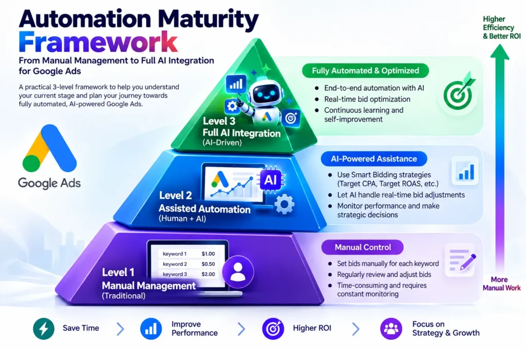 Three-tier pyramid showing PPC automation maturity levels: Manual, Assisted, and Full AI Integration.