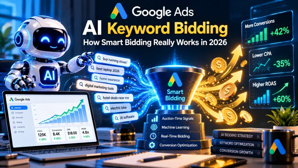 Google Ads Smart Bidding with AI-driven keyword optimization, auction-time signals, and performance insights
