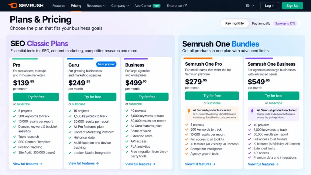 Semrush pricing page comparing SEO Classic plans and Semrush One bundles