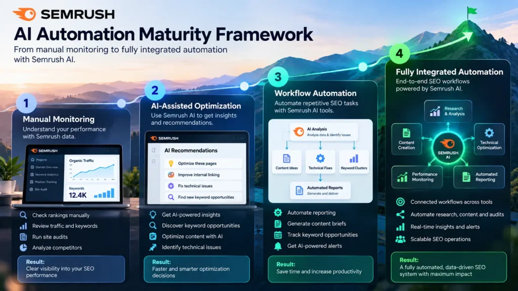 Four-level AI automation maturity framework from manual monitoring to fully integrated workflows