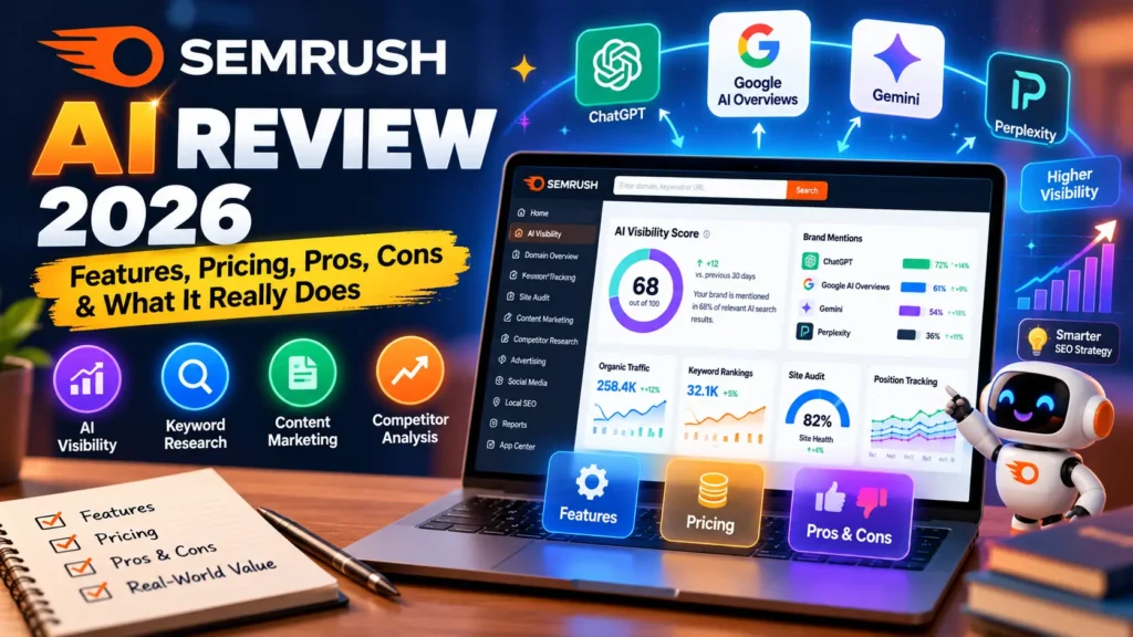 Semrush AI Review 2026 featured image showing AI visibility, SEO, keyword research, pricing, and competitor analysis