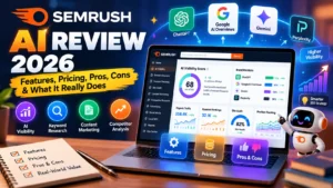 Semrush AI Review 2026 featured image showing AI visibility, SEO, keyword research, pricing, and competitor analysis