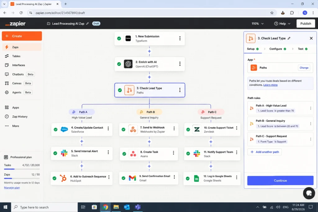 Zapier Automation workflow using AI, Paths, and multiple automated action branches