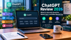 ChatGPT review 2026 showing AI features, real-world use cases, limitations, and value on a laptop